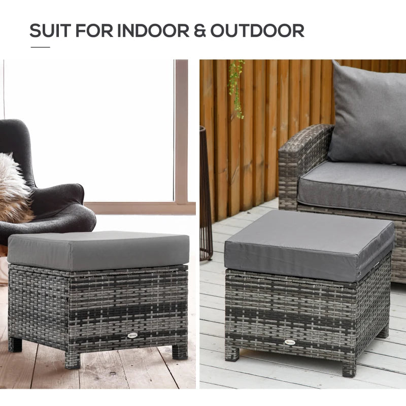 Ottoman de terrasse en rotin, repose-pieds d'extérieur en osier avec coussin doux, cadre en métal pour cour, jardin et bord de piscine, gris