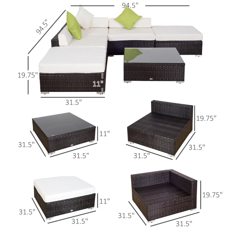 Ensemble de meubles de patio 6 pièces, ensemble de canapé sectionnel de jardin en osier de luxe, meubles de patio extérieur résistants à toutes les intempéries avec coussin de siège pour porche, jardin, balcon au bord de la piscine