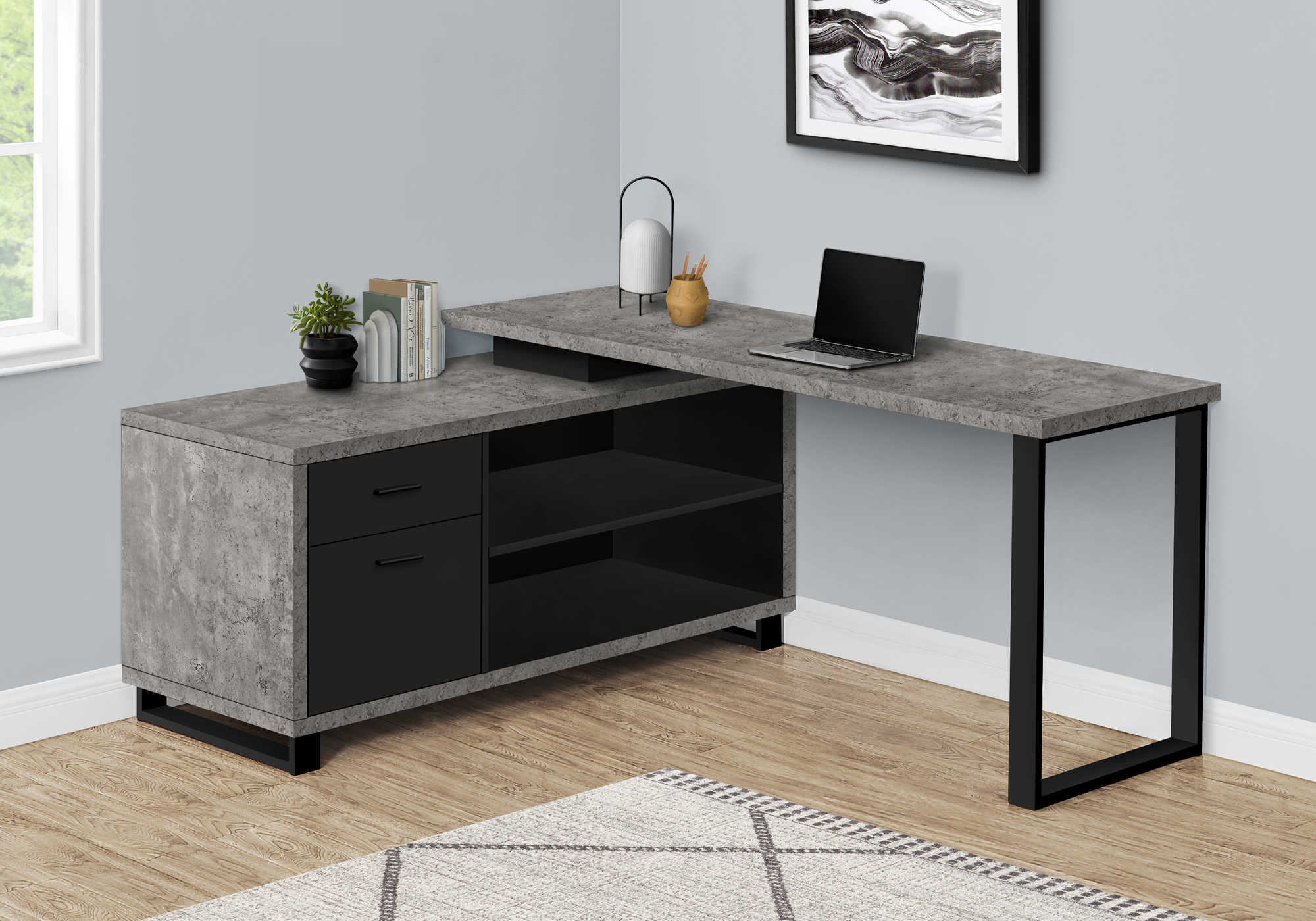 COMPUTER DESK - 72"L GREY CONCRETE / BLACK EXECUTIVE CORNER / I 7714