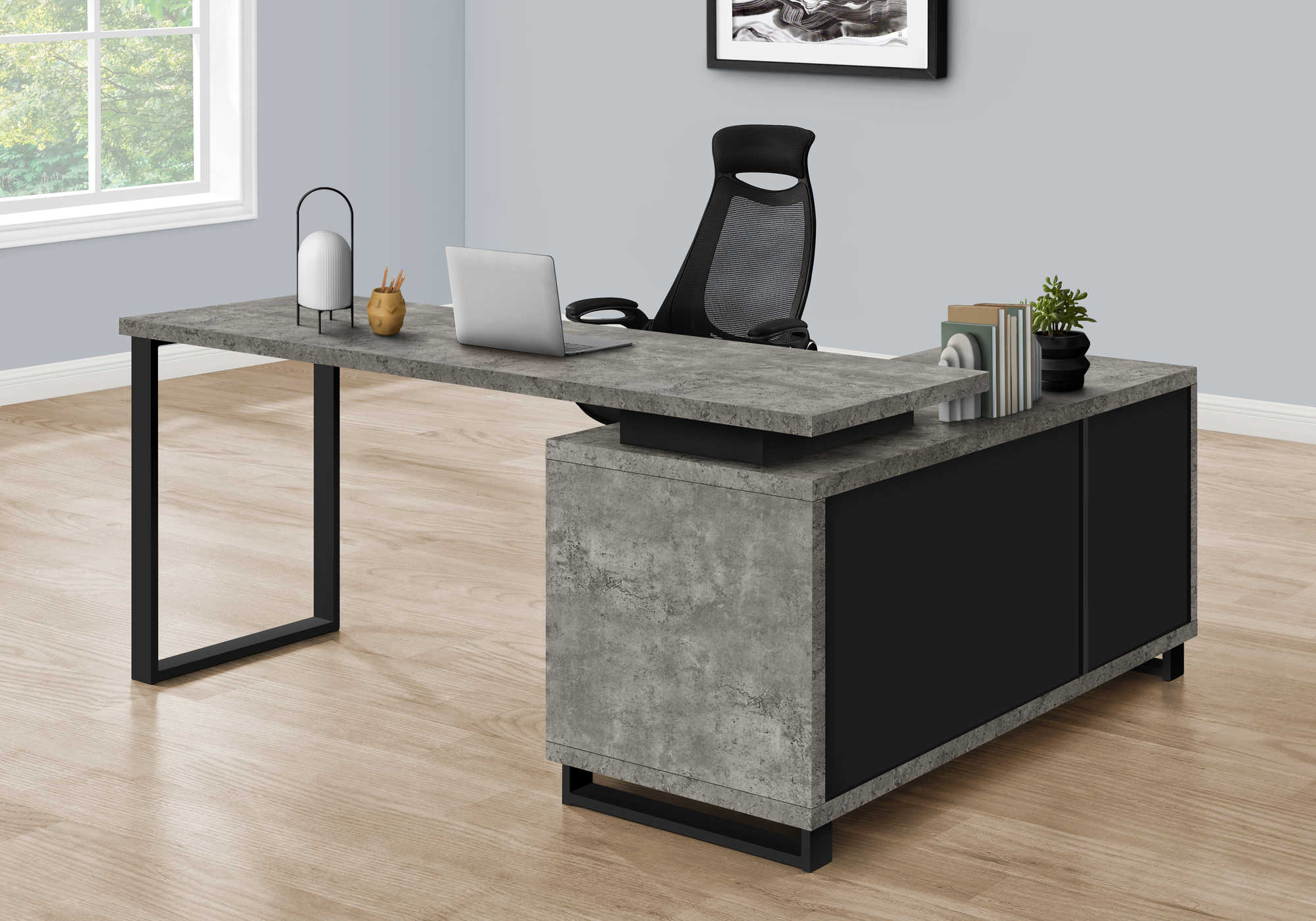 COMPUTER DESK - 72"L GREY CONCRETE / BLACK EXECUTIVE CORNER / I 7714
