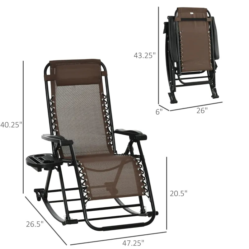 Chaise longue inclinable réglable 2 en 1 à gravité zéro, fauteuil de jardin inclinable et à bascule, chaise longue pliable, siège de sieste avec appui-tête et plateau marron
