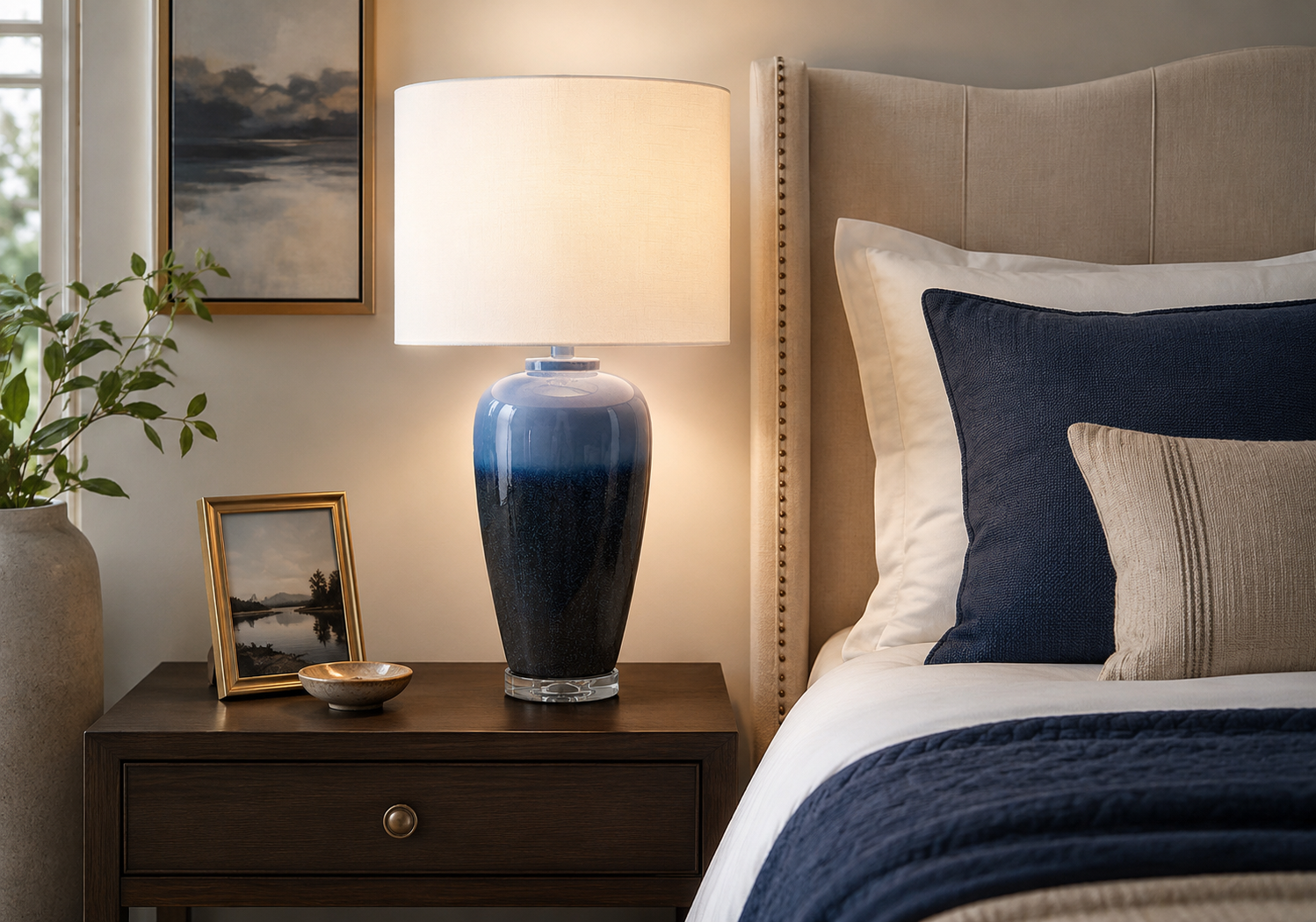 Lampe de table 29 po – Base en céramique bleue et abat-jour en tissu ivoire :9947