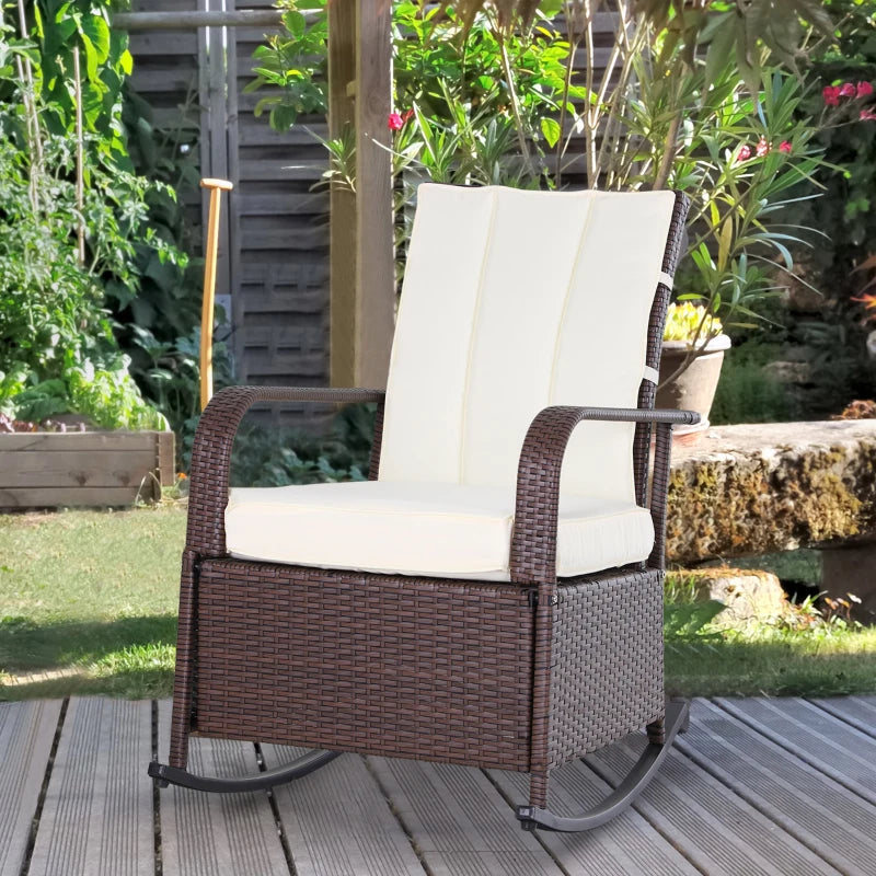 Chaise à bascule d'extérieur en osier avec coussin, chaise inclinable en rotin PE avec repose-pieds réglable, accoudoirs, blanc crème