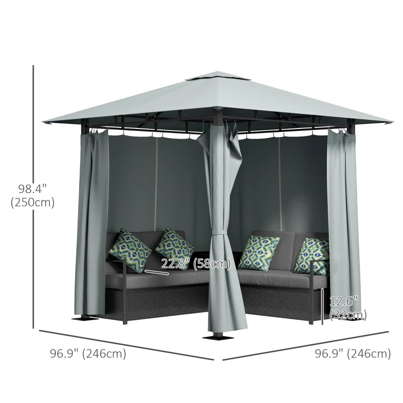 Ensemble de meubles de patio avec tonnelle, canapé de conversation d'extérieur en rotin PE avec table d'angle de rangement, coussin, pour jardin, porche, bord de piscine, balcon, gris