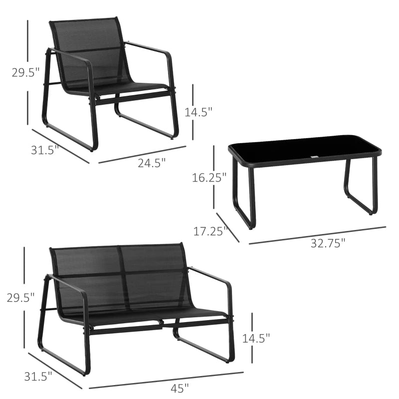 Ensemble de meubles de patio 4 pièces avec siège Texteline, ensemble de conversation en plein air avec causeuse, table basse centrale pour terrasse de jardin, noir