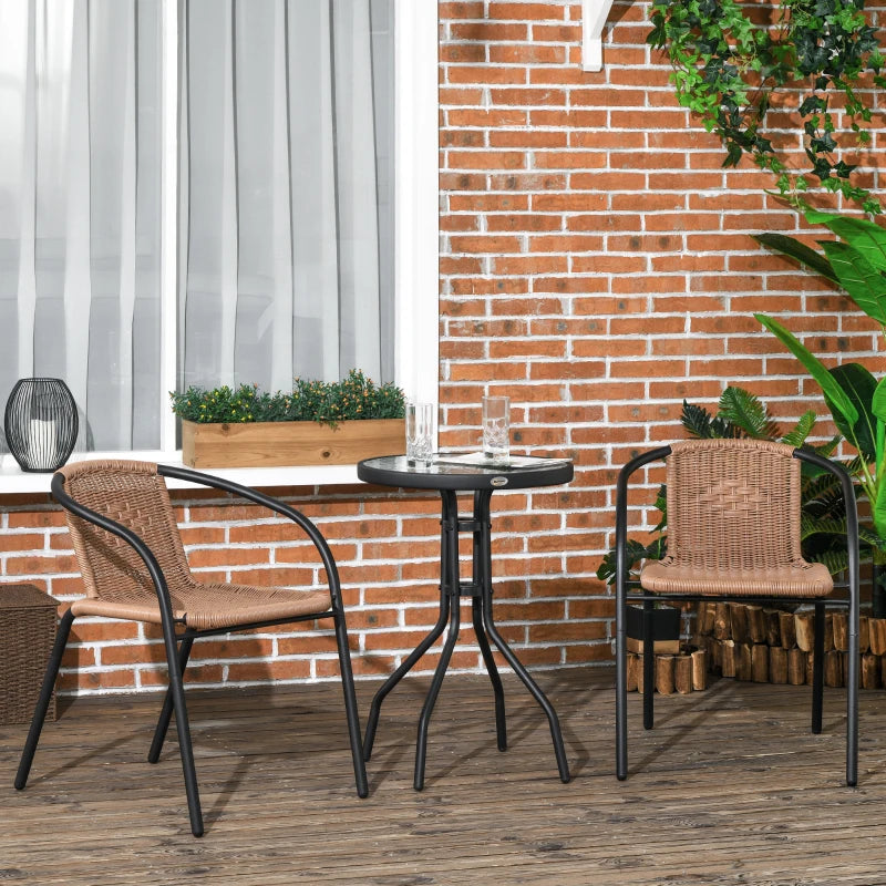 Ensemble de meubles d'extérieur en osier 3 pièces avec 2 chaises empilables, Table basse en verre trempé pour jardin, arrière-cour, marron