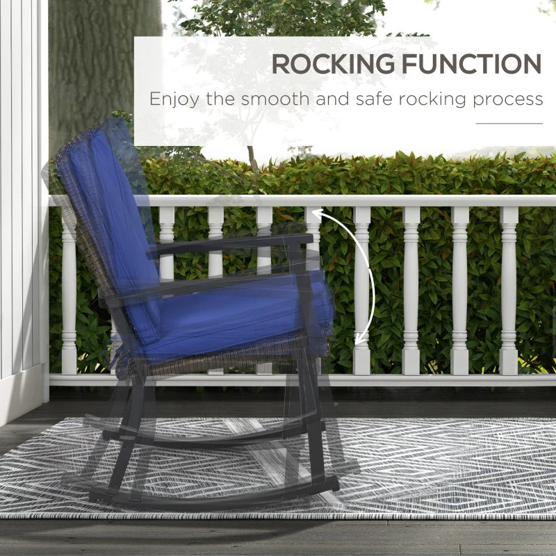 Chaise à bascule en osier pour patio, chaise à bascule d'extérieur en rotin PE avec dossier haut, accoudoir, coussin de siège, bleu