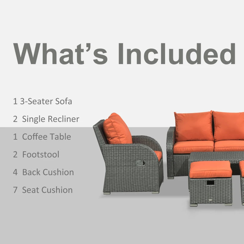Meubles de patio avec coussins, 6 pièces en osier PE, ensemble de conversation avec un canapé à trois places, 2 chaises inclinables, 2 repose-pieds et une table, orange