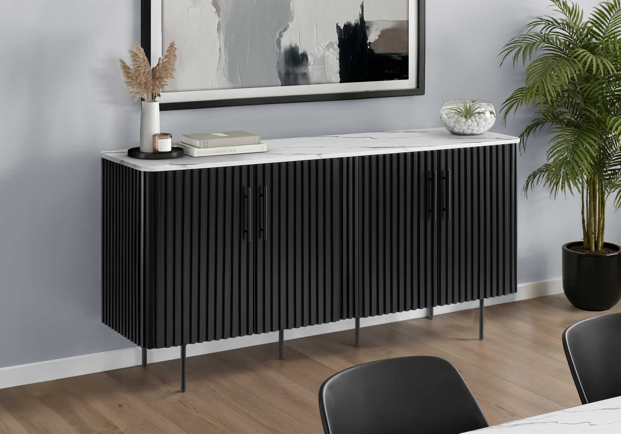 DINING BUFFET - 66"L / WHITE FAUX MARBLE TOP / BLACK BASE : I 1225