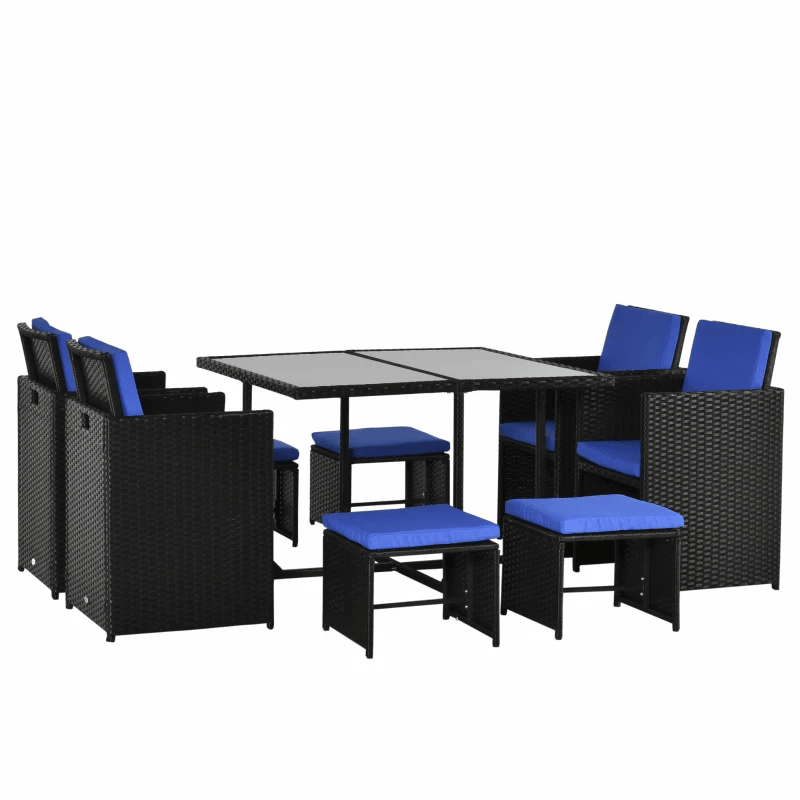 Ensemble de salle à manger de patio en osier, 9 pièces, canapé sectionnel de jardin en rotin, fauteuil d'extérieur peu encombrant et ensembles de meubles ottomans avec coussin, bleu