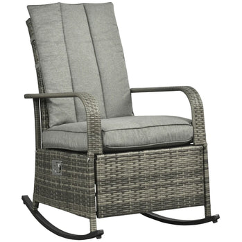 Chaise à bascule d'extérieur en osier avec coussin, chaise inclinable en rotin PE avec repose-pieds réglable, accoudoirs, gris mélangé