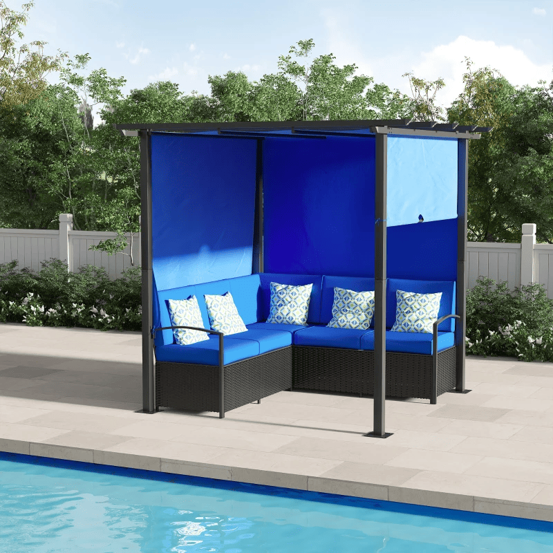 Meubles de patio en osier, ensemble de canapé d'extérieur en rotin PE avec pergola à auvent rétractable, abri d'ombrage pour terrasse, piscine, jardin, terrasse, bleu