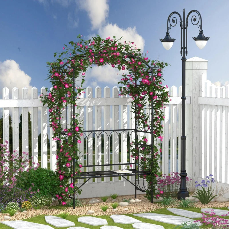 Arche de tonnelle de jardin féérique de 80 pouces de haut avec banc, treillis de Support pour plantes grimpantes d'extérieur en métal avec banc 2 places pour vignes de roses, noir