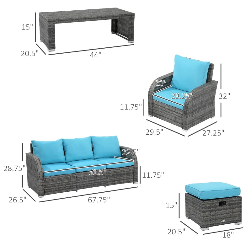 Ensemble de meubles de patio 6 pièces, ensemble de conversation en osier, canapé 3 places rembourrés en rotin, 2 fauteuils inclinables réglables, 2 repose-pieds et table pour pelouse, jardin, jardin, bleu ciel
