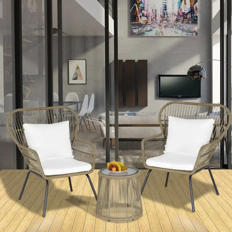 Ensemble de bistro de patio extérieur 3 pièces, meubles en rotin en osier 2 chaises 1 table basse avec pieds en métal pour jardin, cour, terrasse, café et blanc