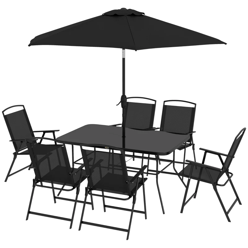 Ensemble de patio 8 pièces avec parasol, 6 chaises pliantes, table rectangulaire, ensemble de salle à manger d'extérieur pour 6 personnes avec siège en maille, noir
