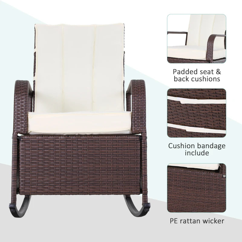 Chaise à bascule d'extérieur en osier avec coussin, chaise inclinable en rotin PE avec repose-pieds réglable, accoudoirs, blanc crème
