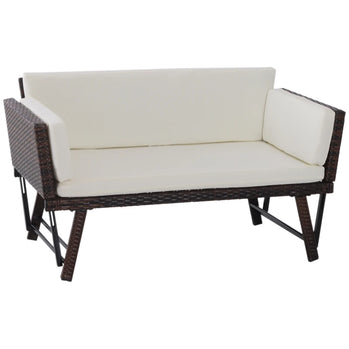 Canapé-lit convertible en rotin, chaise longue, causeuse en osier, fauteuil double avec coussin, meubles de patio toutes saisons, marron
