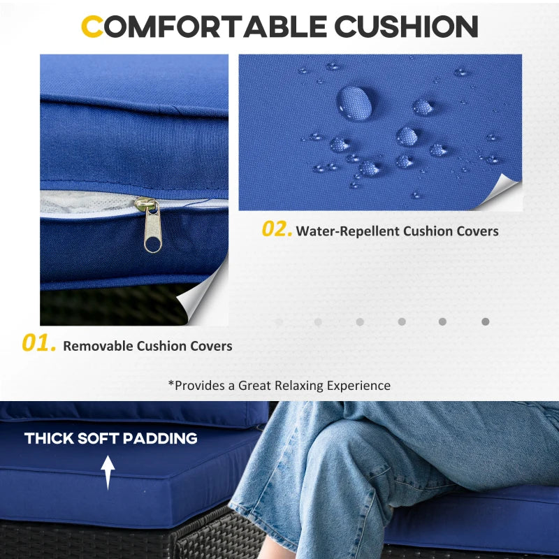 Ensemble de 6 meubles de patio en osier et rotin PE avec coussins épais, canapé sectionnel de jardin de luxe avec table en verre, noir et bleu foncé