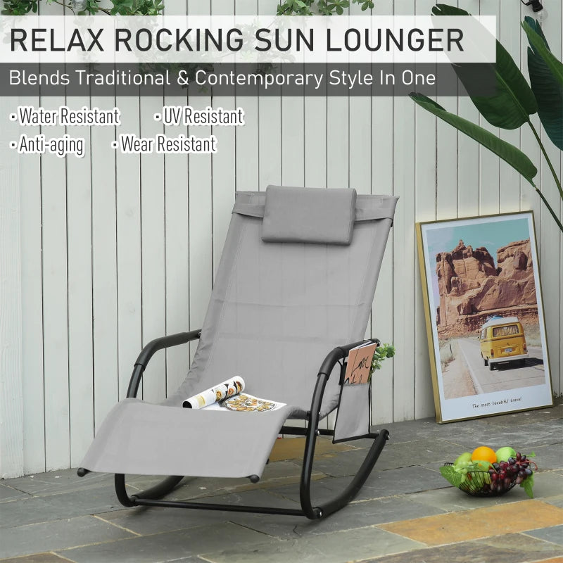 Chaise à bascule de patio avec tissu en maille, chaise longue d'extérieur à bascule avec appui-tête amovible et poche latérale pour jardin, terrasse, pelouse, gris