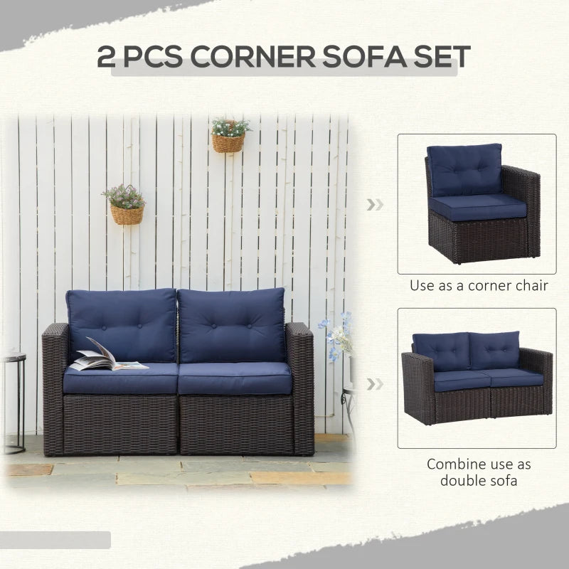 Ensemble de meubles de patio 2 pièces, causeuse d'extérieur, canapé d'angle en osier, combinaison libre de meubles en rotin PE, avec accoudoirs incurvés et coussin rembourré pour balcon, jardin, pelouse, bleu foncé