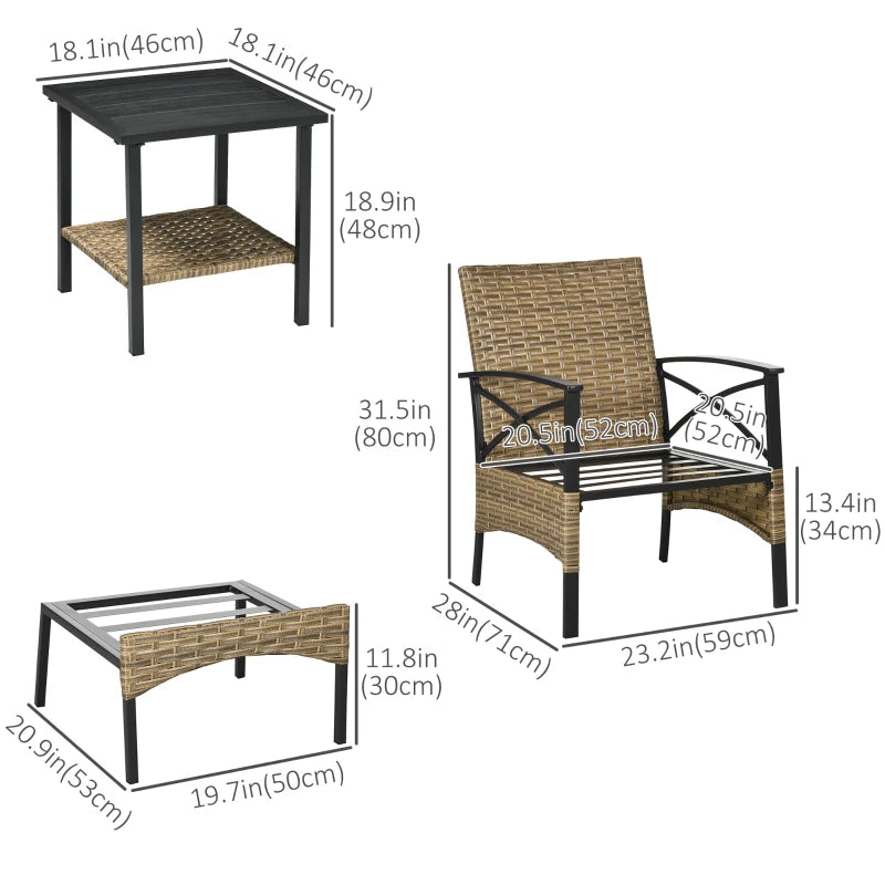 Ensemble de meubles de jardin en rotin PE 5 pièces, 2 fauteuils, 2 tabourets, plateau en acier avec étagère en osier, sièges d'extérieur rembourrés, kaki