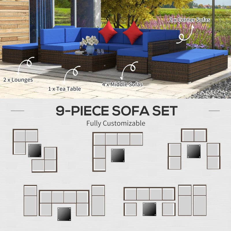 Ensemble de meubles de terrasse en osier 9 pièces avec coussin, bleu marine