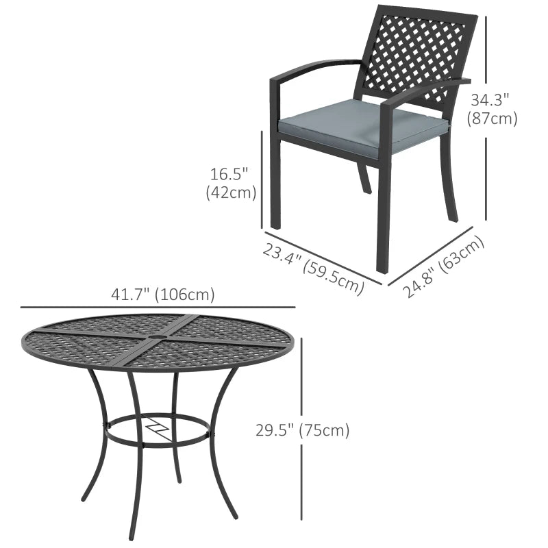 Ensemble de salle à manger d'extérieur 5 pièces avec 4 fauteuils rembourrés empilables, ensembles de meubles de patio avec trou pour parasol, table en plaque métallique, pour terrasse de jardin, bord de piscine, pelouse, gris