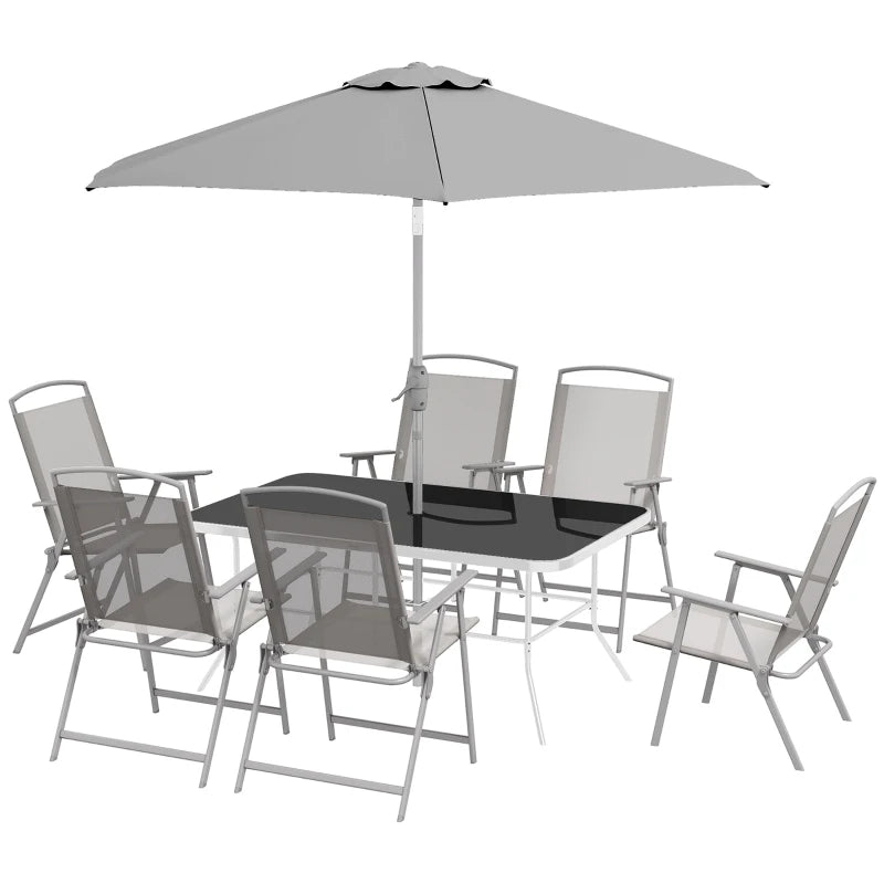 Ensemble de patio 8 pièces avec parasol, 6 chaises pliantes, table rectangulaire, ensemble de salle à manger d'extérieur pour 6 personnes avec siège en maille, gris