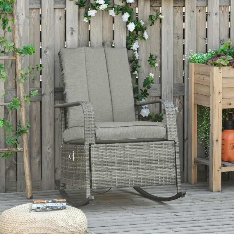 Chaise à bascule d'extérieur en osier avec coussin, chaise inclinable en rotin PE avec repose-pieds réglable, accoudoirs, gris mélangé