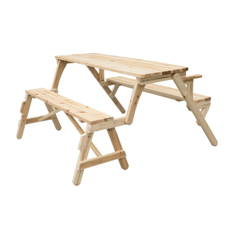 Table de pique-nique pliante en bois avec bancs, banc de terrasse et de jardin convertible 2 en 1, table de pique-nique pliable avec trou pour parasol, nature