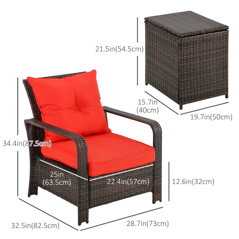 Ensemble bistro de terrasse 3 pièces avec 2 chaises rembourrées et 1 table d'appoint de rangement, ensemble de canapé de jardin en rotin PE avec housse de coussin amovible, rouge