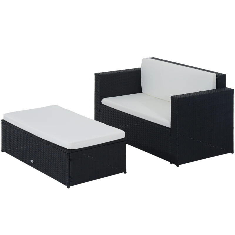 Ensemble de meubles de patio 2 pièces en osier avec repose-pieds double, ensemble de conversation d'extérieur en rotin PE avec causeuse et repose-pieds à deux places, blanc crème
