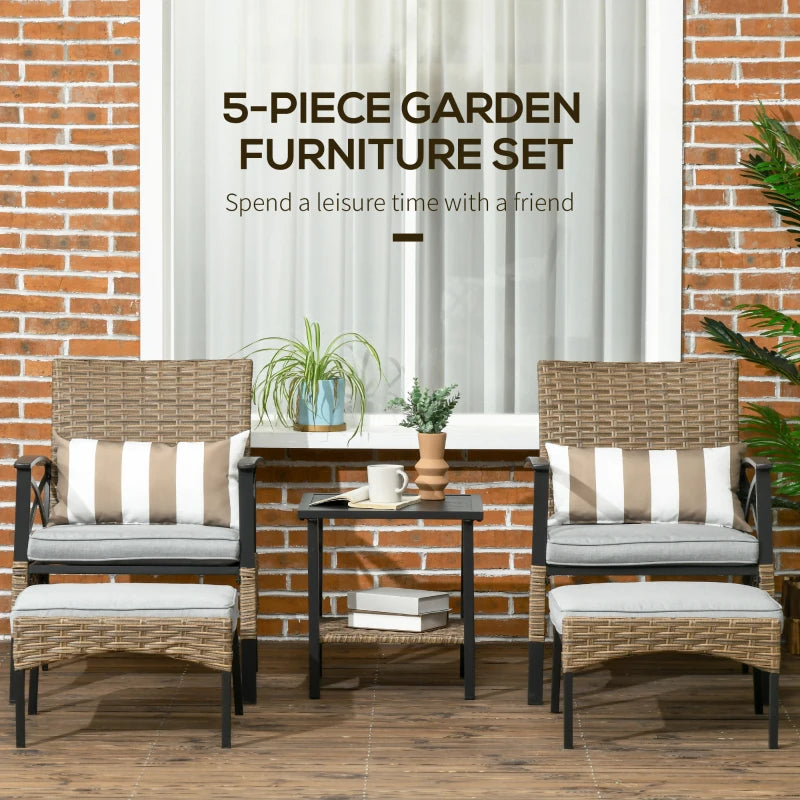 Ensemble de meubles de jardin en rotin PE 5 pièces, 2 fauteuils, 2 tabourets, plateau en acier avec étagère en osier, sièges d'extérieur rembourrés, kaki
