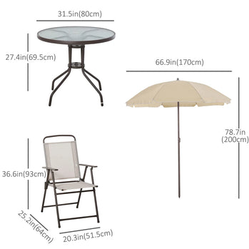 Ensemble de salle à manger d'extérieur 6 pièces pour 4 personnes, avec parasol, mobilier d'extérieur, Table ronde, 4 chaises pliantes, crème