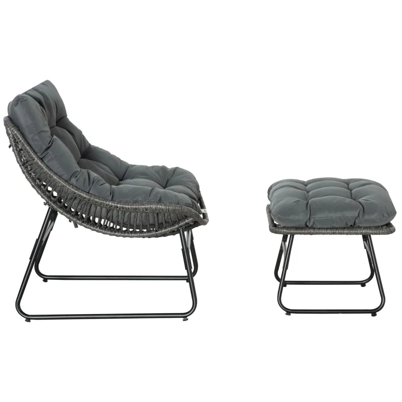 Chaise en rotin avec tabouret, coussin, repose-pieds réglables, gris