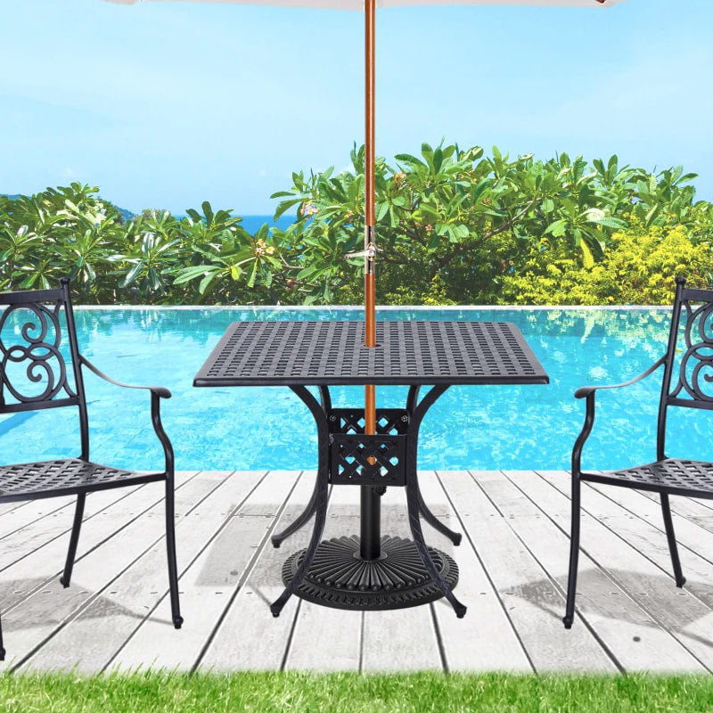 Table de bistro de patio extérieure carrée en métal de 36 po x 36 po avec trou pour parasol noir
