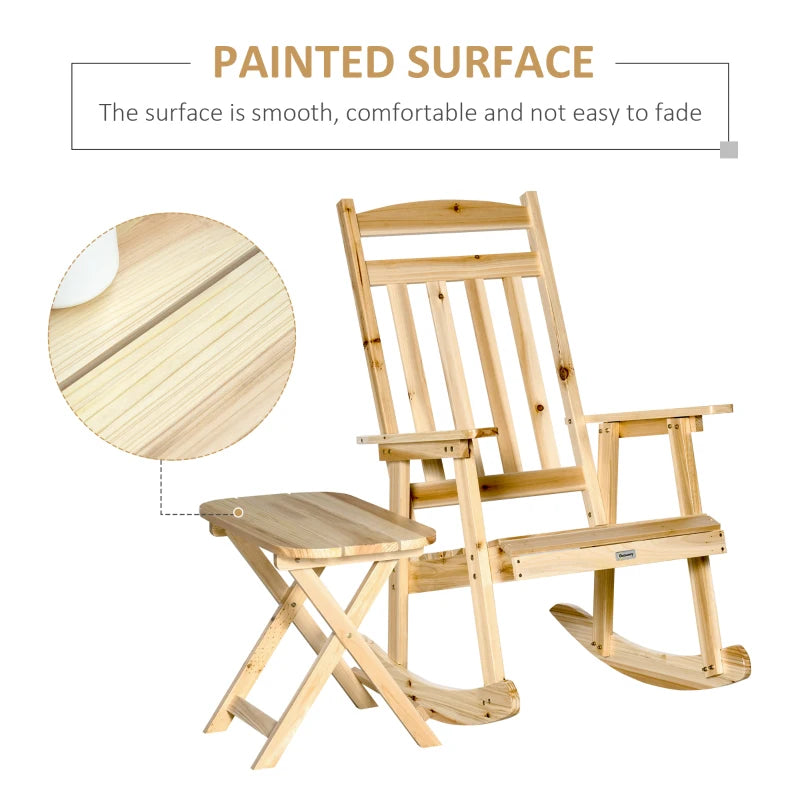 Chaise à bascule en bois avec table, ensemble à bascule d'extérieur avec fauteuil à dossier haut et table d'appoint pliable pour cour, jardin, porche, naturel