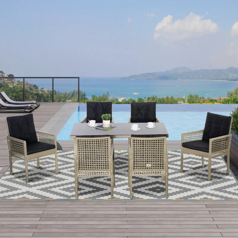 Ensemble de salle à manger de patio 7 pièces, ensemble de meubles d'extérieur, chaise avec accoudoirs en osier et plateau de table en verre trempé, noir