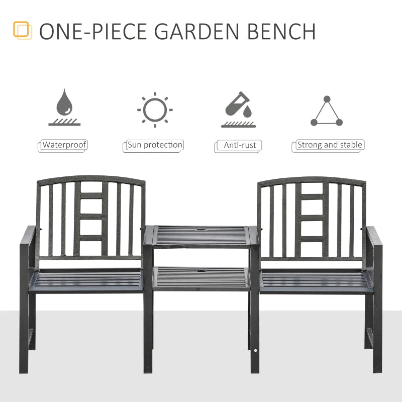 Banc de jardin en acier avec table centrale, trou pour parasol, siège double pour extérieur, patio, cadre résistant aux intempéries, noir