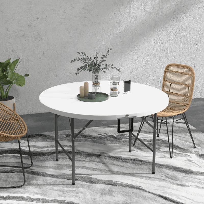 Table de patio pliante de 48 pouces, table de pique-nique extérieure en PEHD, table à cartes pour 6 personnes, banquet rond pliant avec cadre en métal, blanc