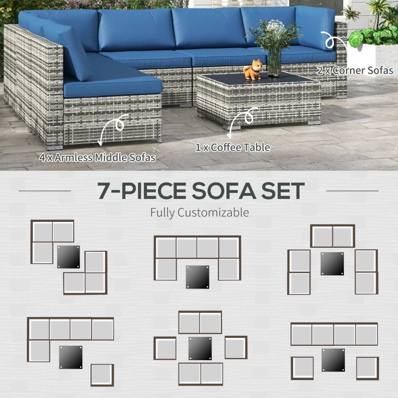 Ensemble sectionnel de jardin en osier, 7 pièces, avec Table à thé, Patio, canapé de salon en rotin, meubles de terrasse d'extérieur, bleu