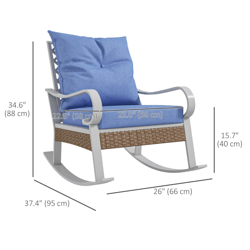 Chaise à bascule d'extérieur en rotin avec coussin doux, fauteuil en osier avec siège large, dossier incliné pour jardin, terrasse, balcon, pelouse, bleu clair