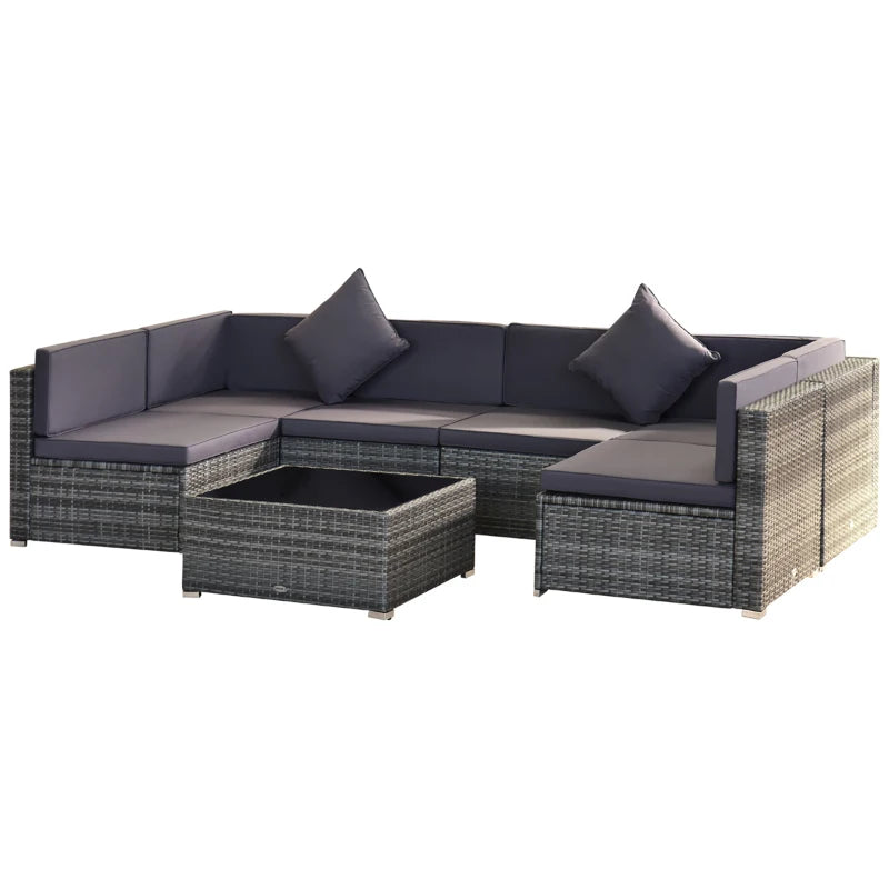 Ensemble sectionnel de jardin en osier 7 pièces avec table à thé, canapé de salon en rotin avec coussin, gris foncé