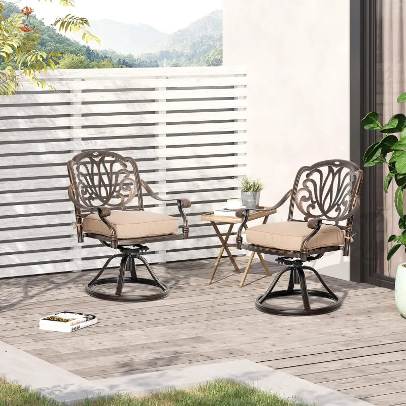 Ensemble de bistro extérieur 2 pièces, chaises à bascule pivotantes à 360 ° avec coussin, cadre en aluminium, cour, pelouse, porche, meubles de jardin, Bronze