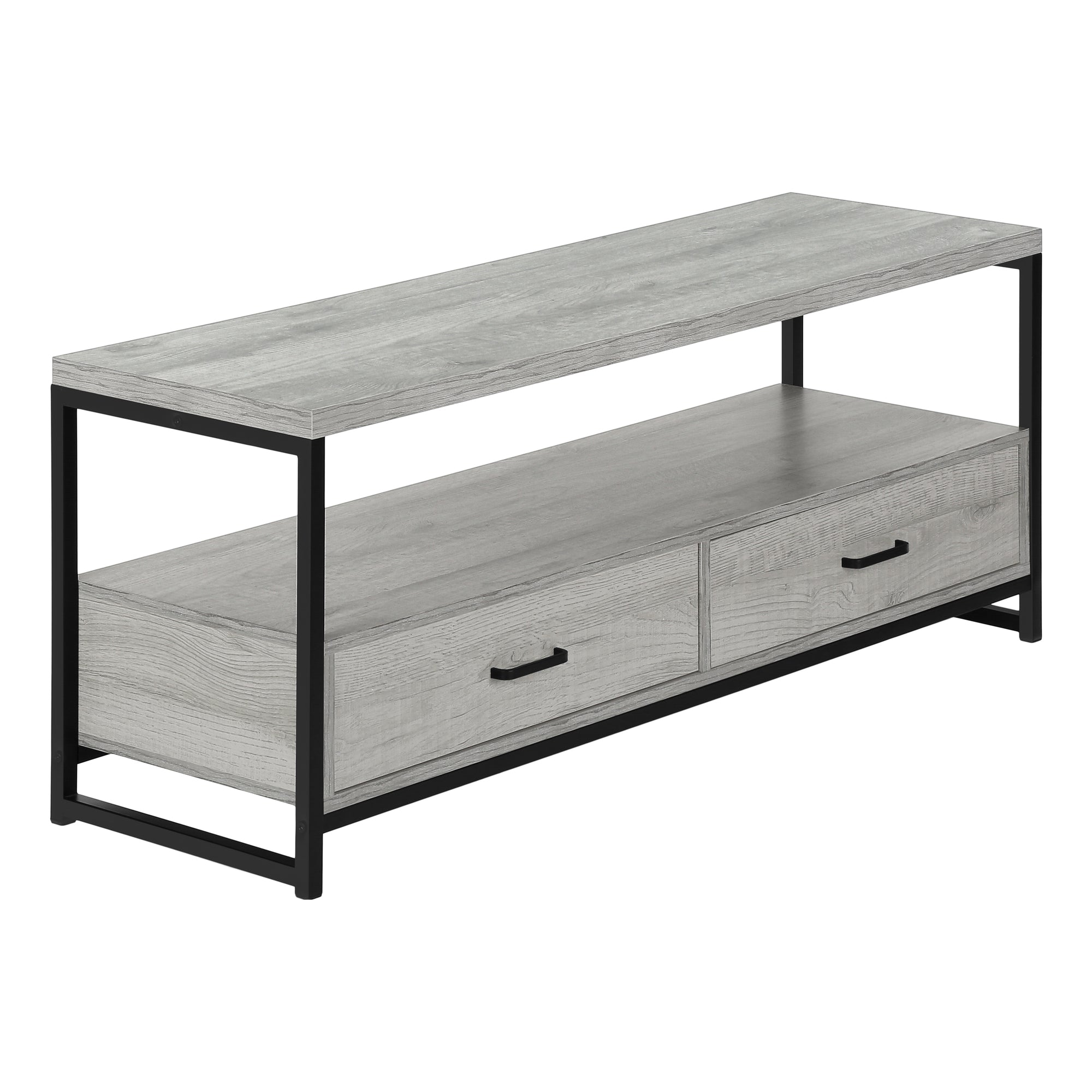 Console Média 48 Pouces Gris Aspect Bois avec Tiroirs Métal Noir