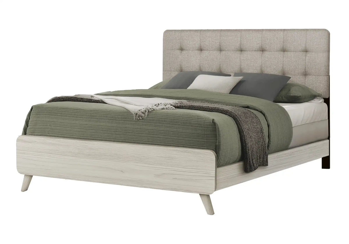 Lit Queen Monarch Specialties – Tissu beige et fini chêne gris