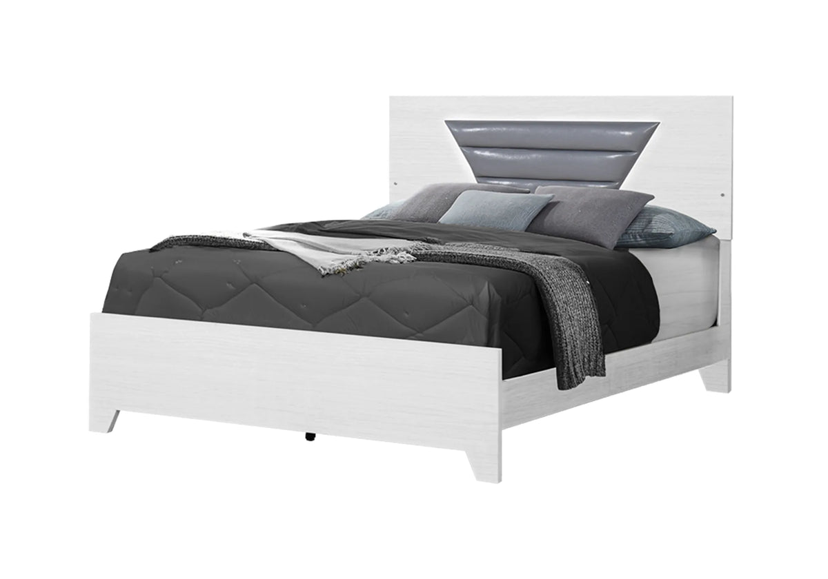 Lit Queen avec éclairage DEL intégré, tête de lit rembourrée gris clair et finition blanche