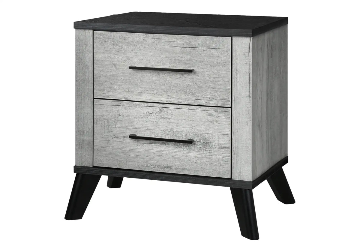 Table de chevet 2 tiroirs gris effet bois récupéré avec dessus noir
