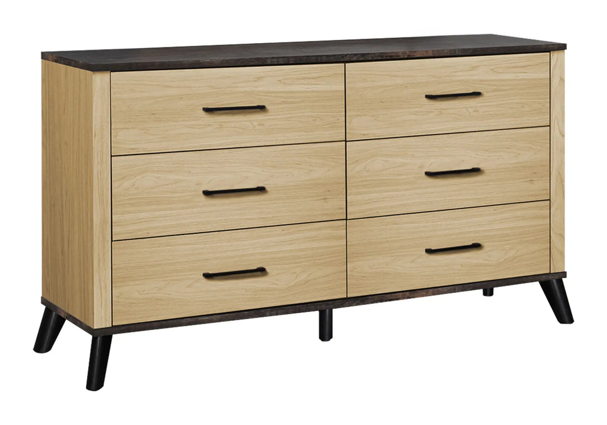 Commode 6 tiroirs en chêne clair avec dessus effet chêne rustique